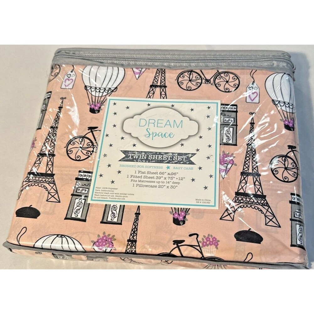 NEW Dream Space Twin Sheet Set 3 PIECE GIRL Pink Paris Eiffel Hot Air Balloons